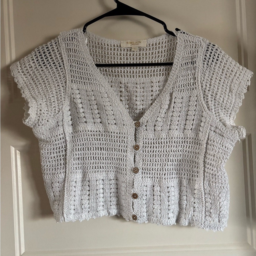 White Crochet Button-Up Top